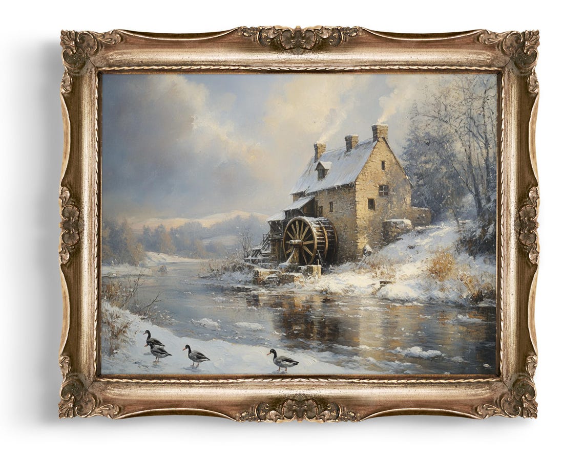 Snowy Watermill on Frozen River Winter Landscape Vintage Art Poster