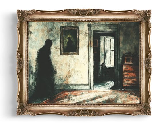 Creepy Vintage Style Wall Art Eerie Home Decor Spooky Illustration Haunted House Shadow Figure Dark Print