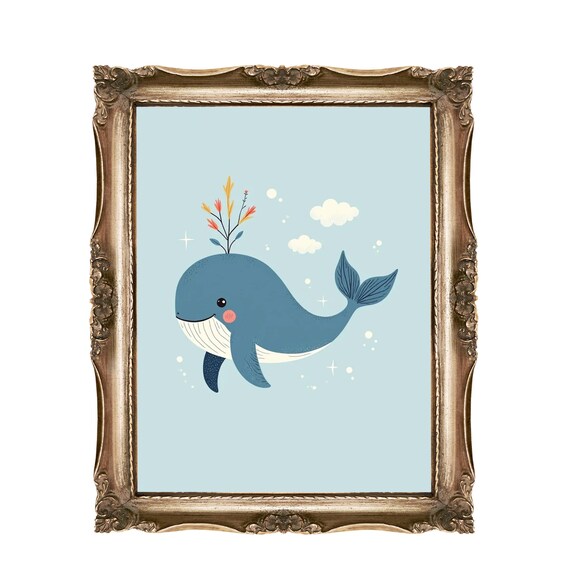 Cute Blue Whale Baby Ocean Light Blue Cloudy Kids Nursery Wall Art