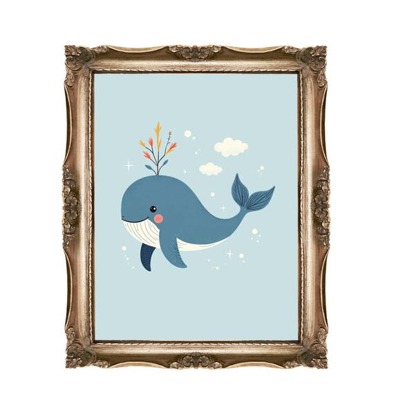 Whale Wall Art For Kids Nursery Decor Cute Ocean Animals Room Instant