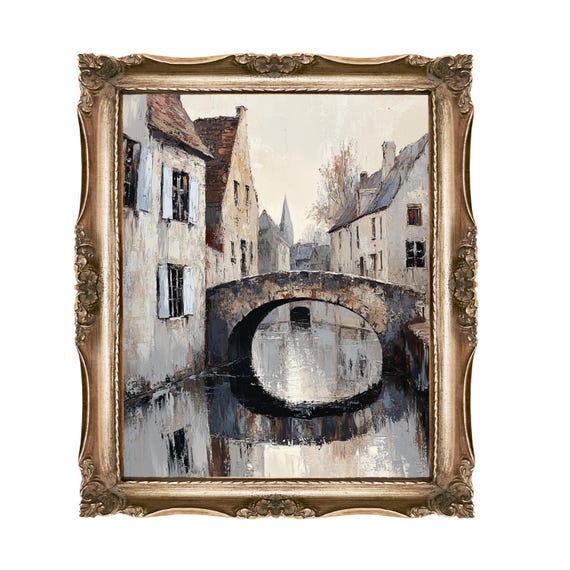 European Canal Art Print Old Town Painting Bridge Reflection Wall Home Decor Instant