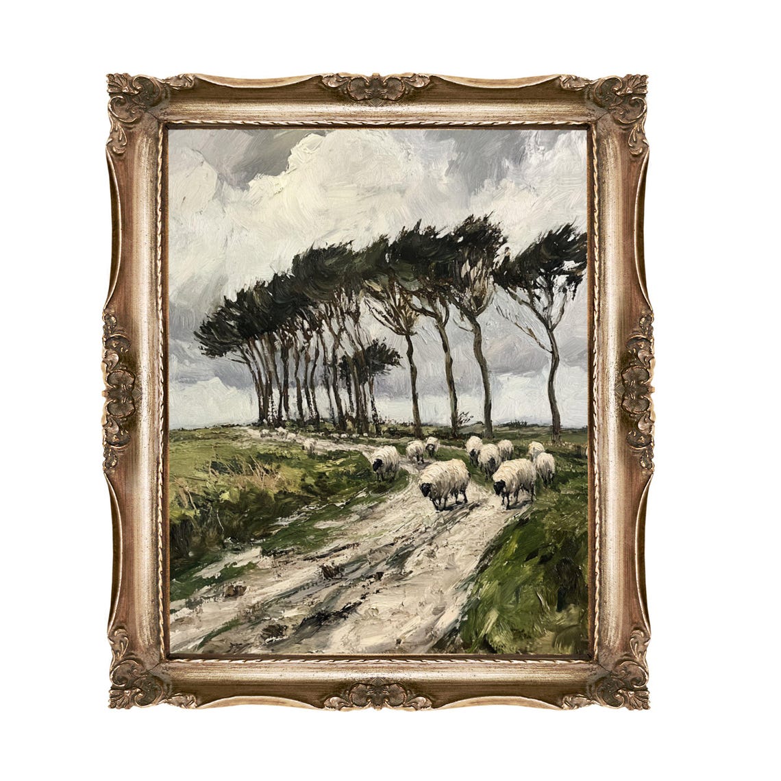 Sheep Flock Walking Down Country Lane Windswept Trees Art Poster