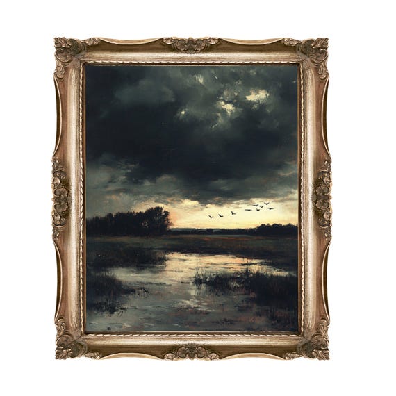 Dark Landscape Art Print Dramatic Sky Moody Birds In Flight Wall Home Decor Vintage