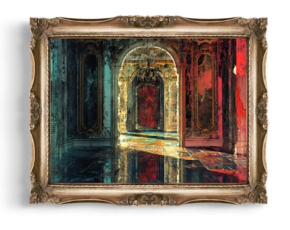 Creepy Eerie Vintage Style Hallway Wall Art Gothic Door Print Dark Interior Decor Haunted Mansion Palace Reflection