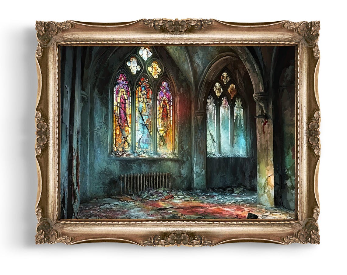 Abandoned Gothic Church Stained Glass Windows Dark Spooky Poster