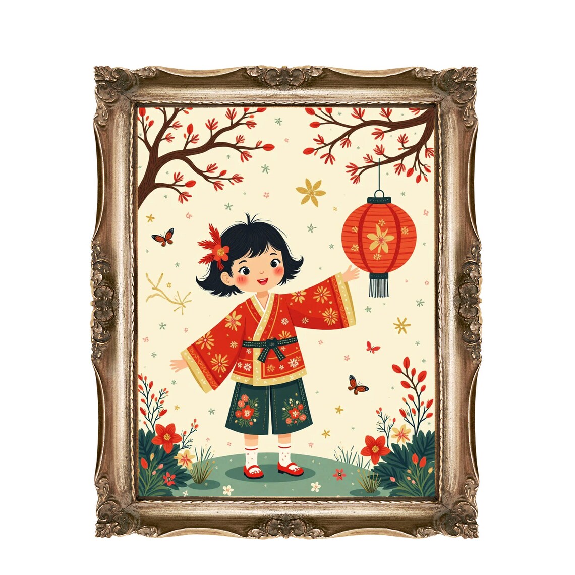Cute Kimono Girl With Red Lantern Floral Nursery Kids Poster