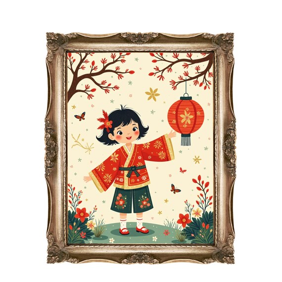 Cute Kimono Girl With Red Lantern Floral Nursery Kids Poster