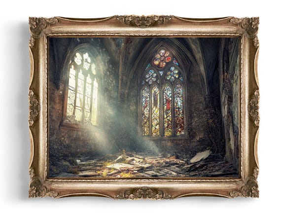 Vintage Creepy Church Wall Art Stained Glass Print Gothic Decor Abandoned Building Dark Academia Home Cathedral