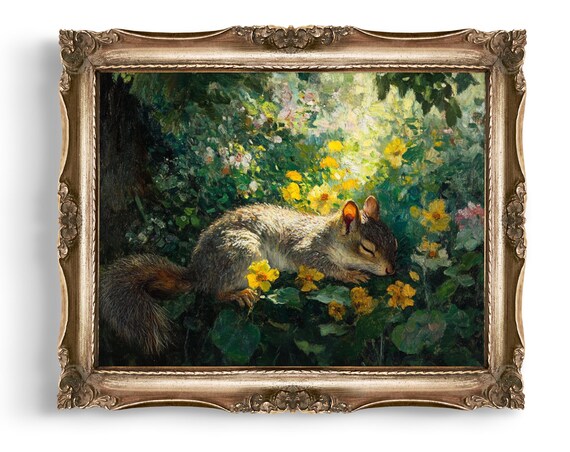 Sleeping Squirrel Art Vintage Animal Print Floral Botanical Home Decor Wall