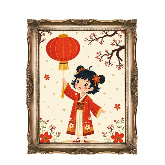 Chinese New Year Girl With Red Lantern Cherry Blossoms Festive Poster