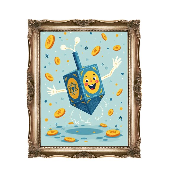 Happy Hanukkah Dreidel With Gelt Coins Festive Jewish Holiday Wall Art