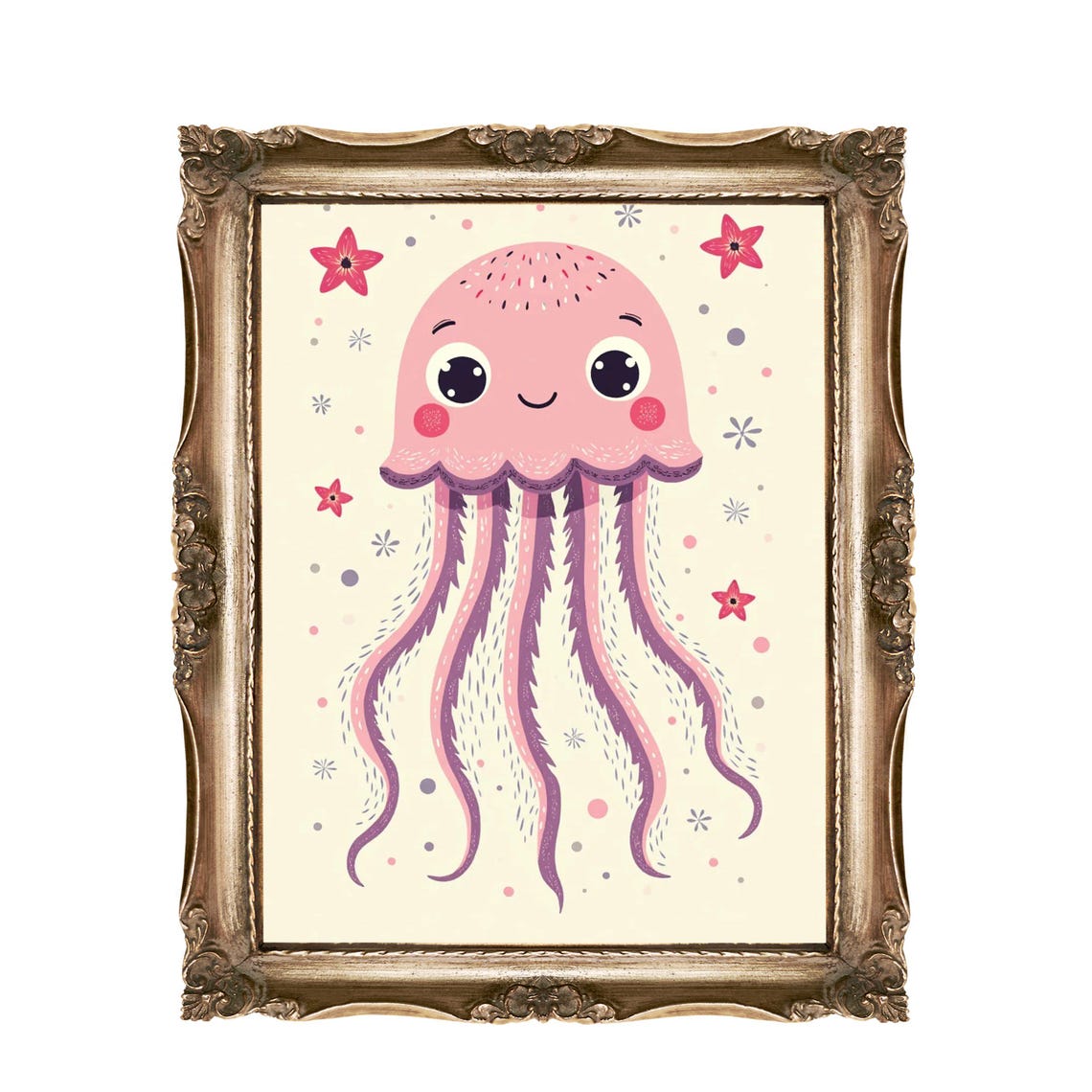 Smiling Pink Jellyfish Floating Underwater Starry Ocean Wall Art