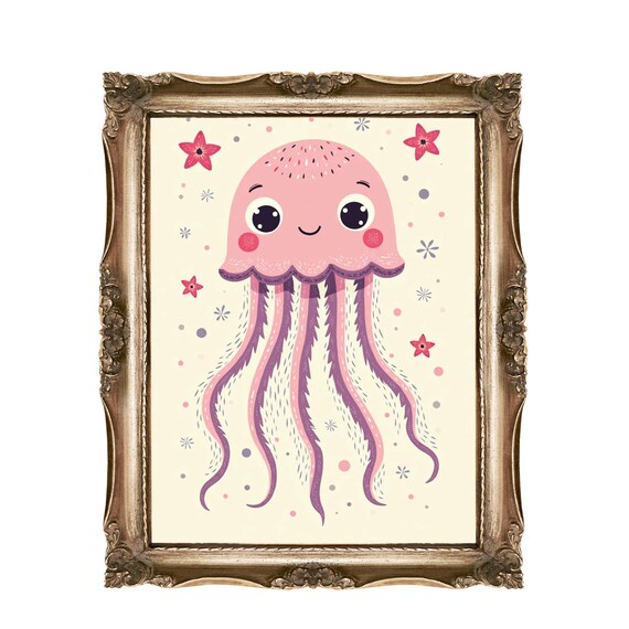 Smiling Pink Jellyfish Floating Underwater Starry Ocean Wall Art