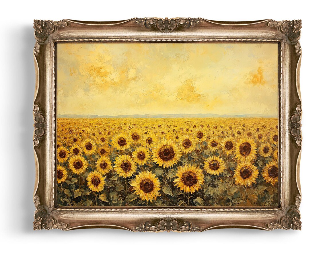 Golden Sunflower Field Under Hazy Sky Vintage Oil Painting Poster