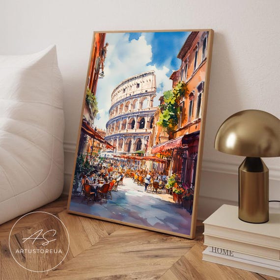 Rome Print Landmark Poster Italy Travel Wall Art Street View Illustration Italian Cafe Painting
