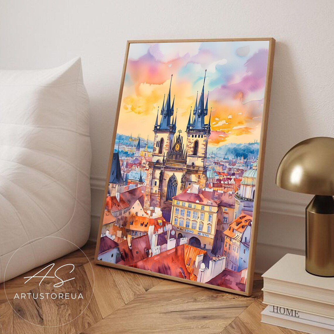Prague Watercolor Travel Poster, Gothic Cathedral