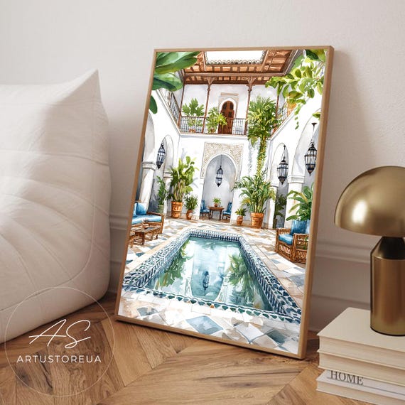 Morocco Poster Print Green Plants Wall Art African Riad Swimming Pool Artwork Watercolor Moroccan Courtyard