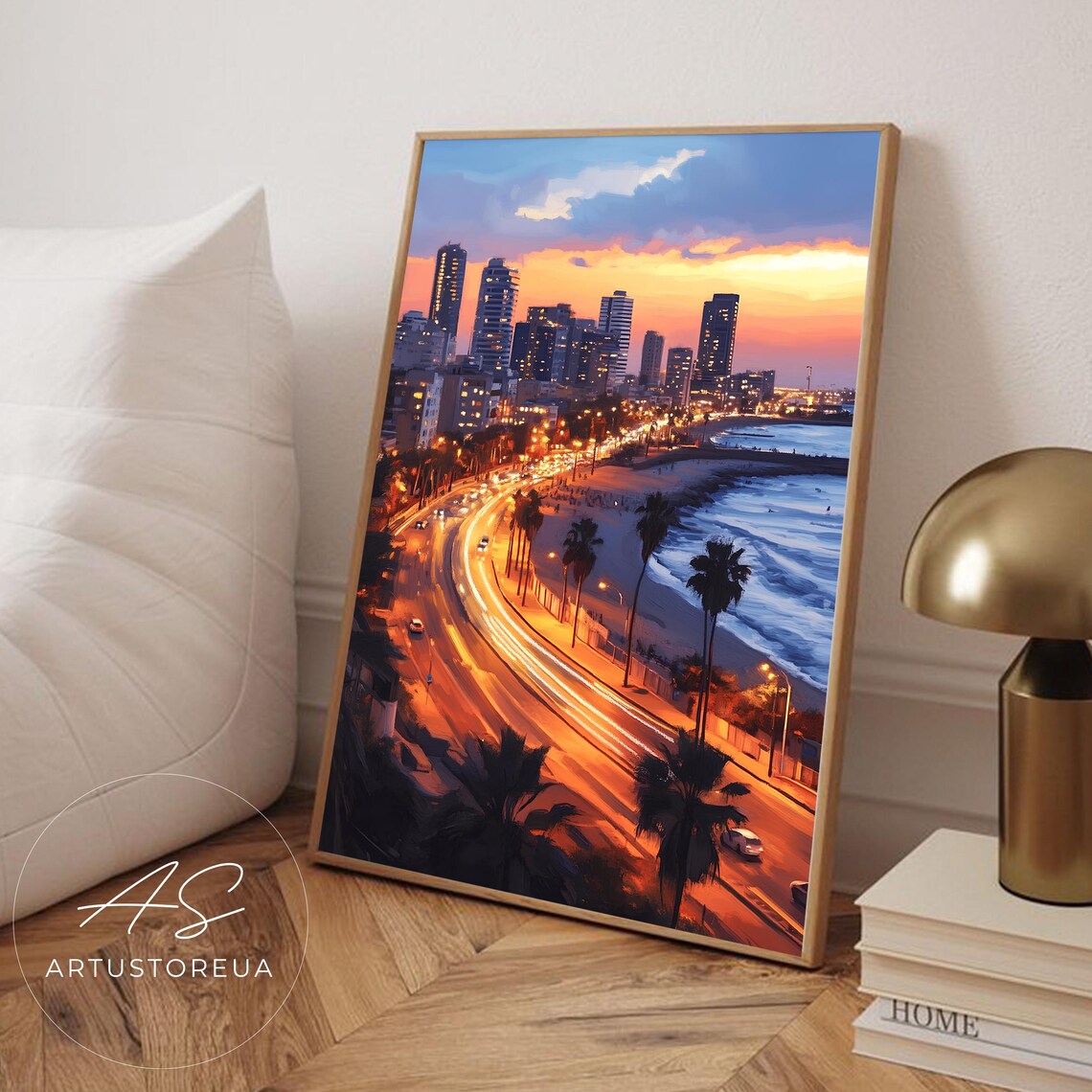 Coastal City Skyline at Sunset With Palm Beach and Glowing Road Poster