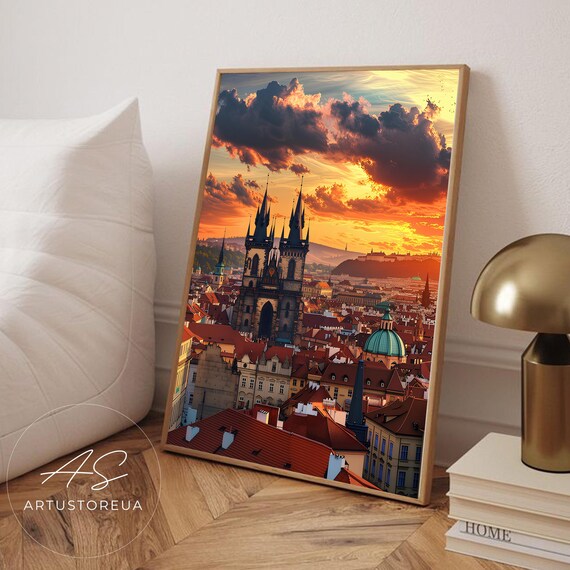 Prague Sunset Skyline Art Print Czech Republic Cityscape Poster Gothic Church View Wall European Architecture Decor Travel Photography