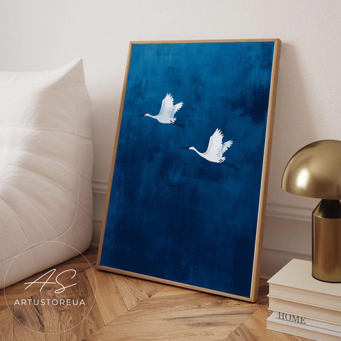 Elegant Pair of White Cranes Flying Deep Blue Minimalist Poster