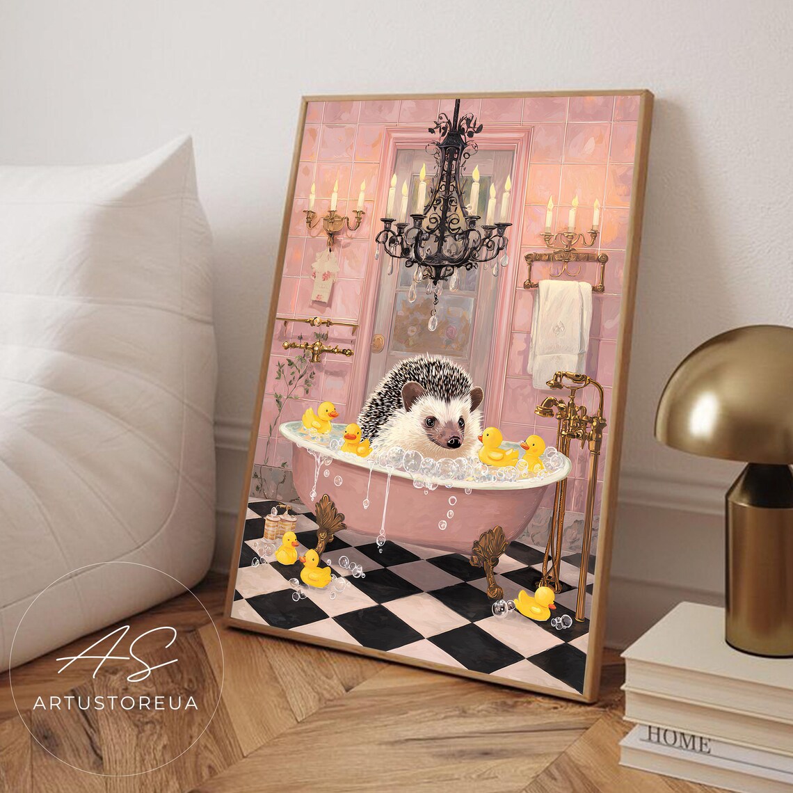 Hedgehog Bath Illustration, Animal Art Print