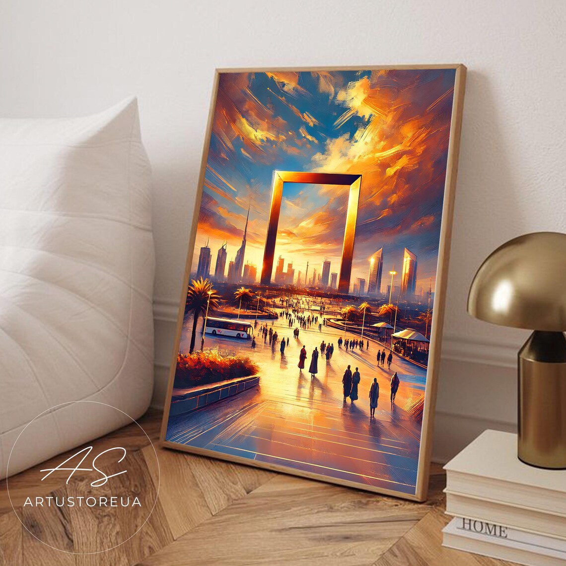 Dubai Poster Golden Architectural Landmark Sunset Artwork Print Cityscape Wall Art Uae Decor