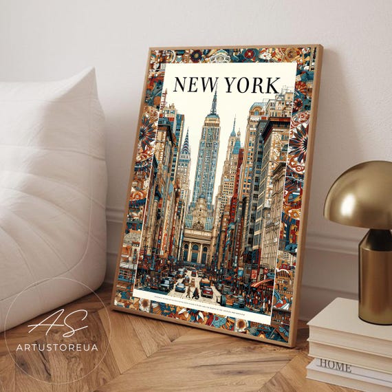 New York Print Vintage City Travel Poster With Retro Street Scene Nyc Cityscape Art Detailed Architectural Illustration