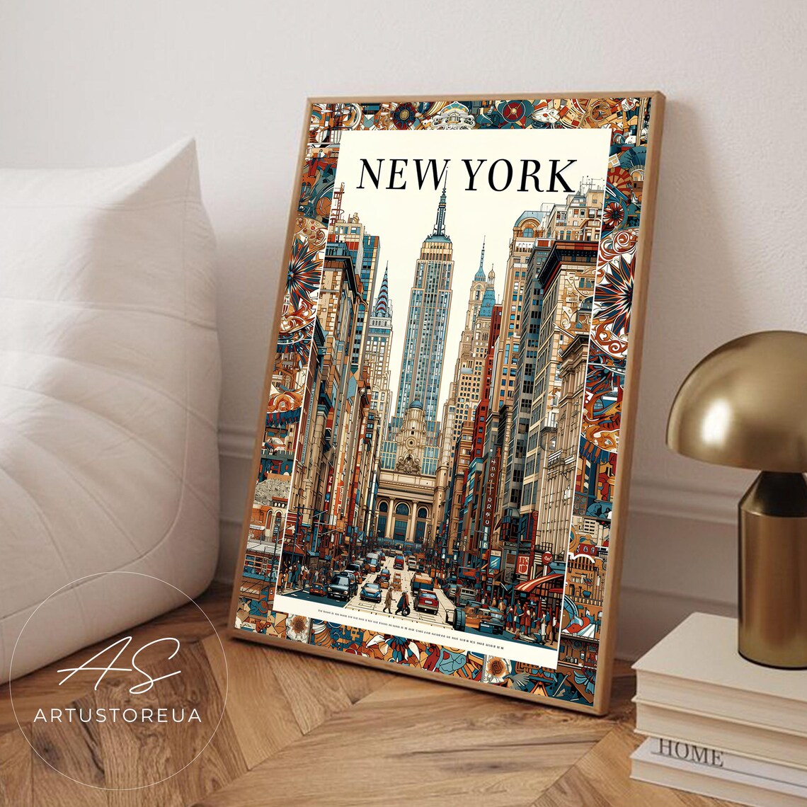 New York Print Vintage City Travel Poster With Retro Street Scene Nyc Cityscape Art Detailed Architectural Illustration