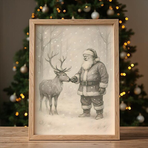Vintage Santa Feeding Reindeer Pencil Sketch Nostalgic Christmas Poster