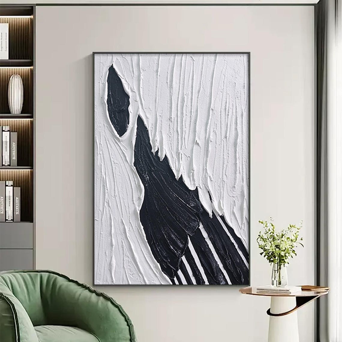 Black And White Bold Stroke Textured Abstract Vertical Wall Painting - Image 4