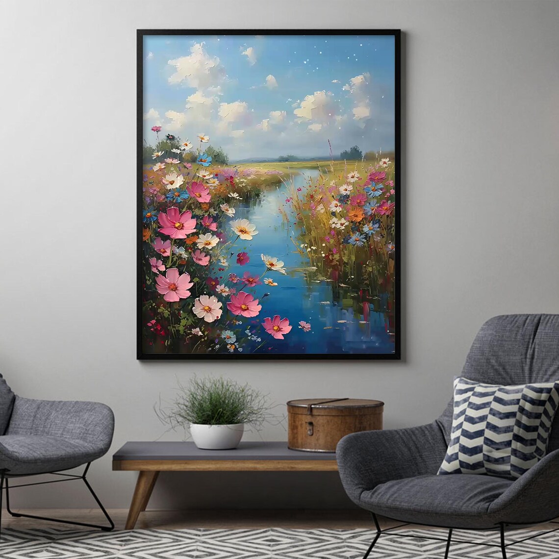 Wildflowers Along Winding River Blue Sky Vertical Oil Painting Poster - Image 4