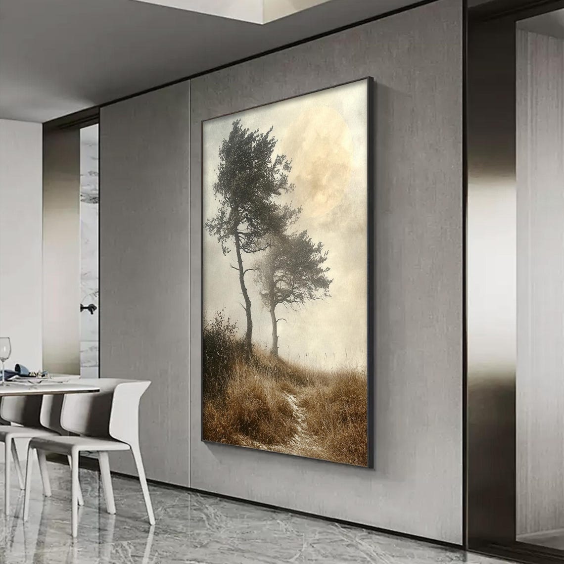 Lone Tree Golden Field Hazy Sky Vintage Landscape Wall Art Painting - Image 3