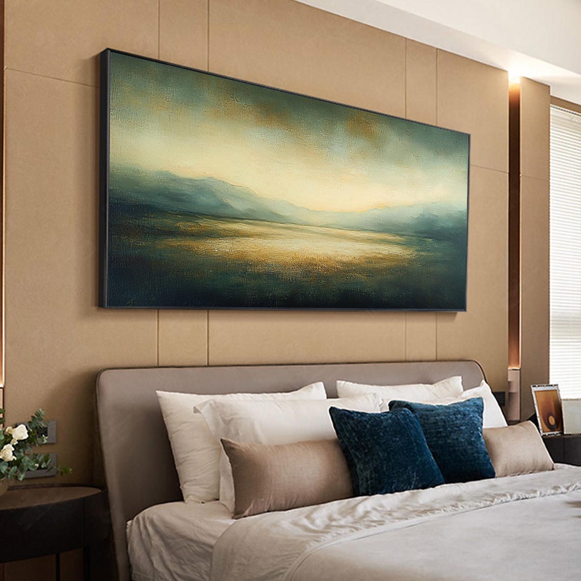 Gold Foil Sunset Lake Reflection Teal Panoramic Landscape Wall Art - Image 2