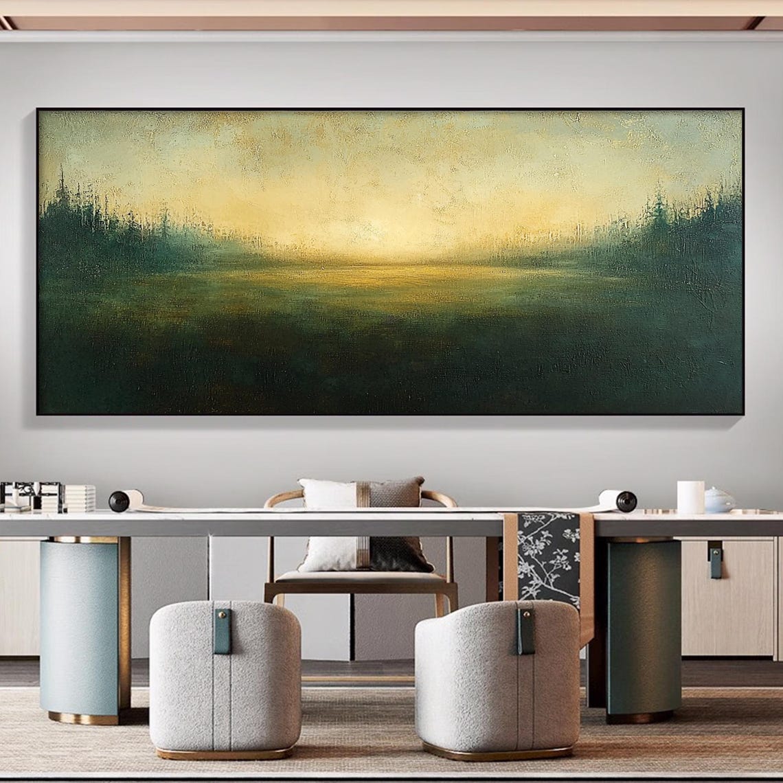 Dark Green Gold Abstract Meadow Dusk Panoramic Landscape Wall Art