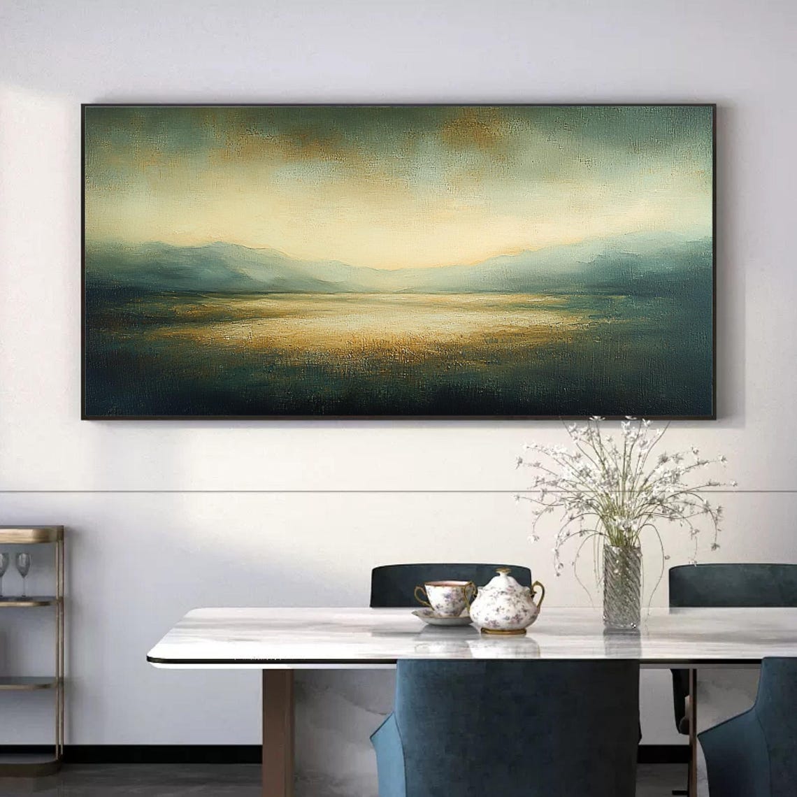 Gold Foil Sunset Lake Reflection Teal Panoramic Landscape Wall Art - Image 4