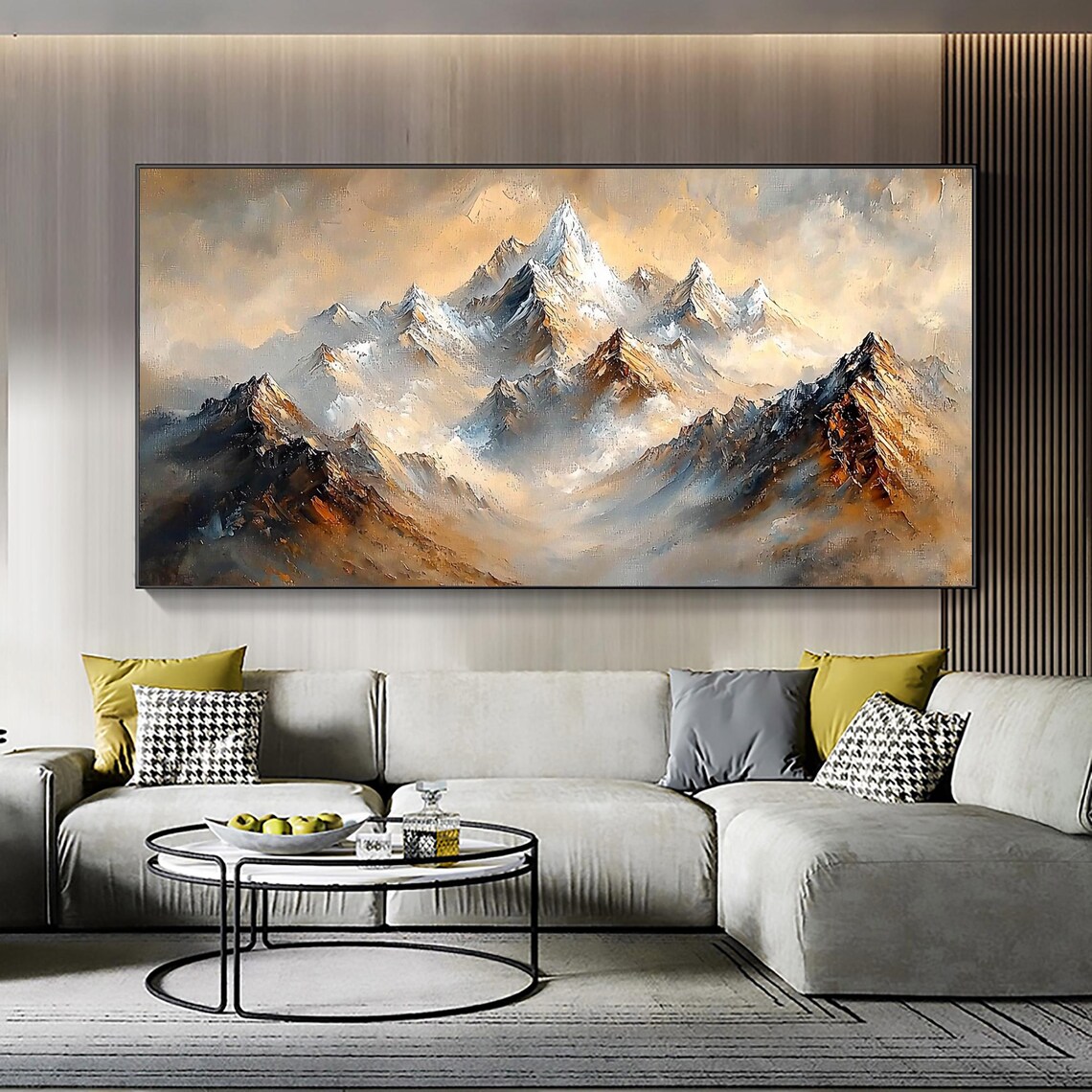 Snowy Peaks Golden Mist Sunrise Panoramic Abstract Oil Painting Poster - Image 4