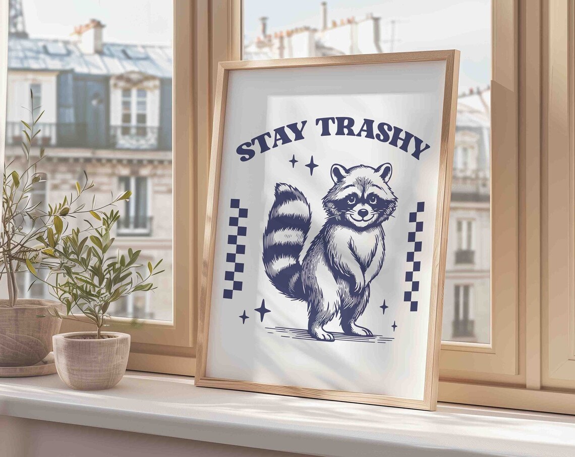 Stay Trashy Funny Raccoon Retro Humor Poster Navy Blue Design