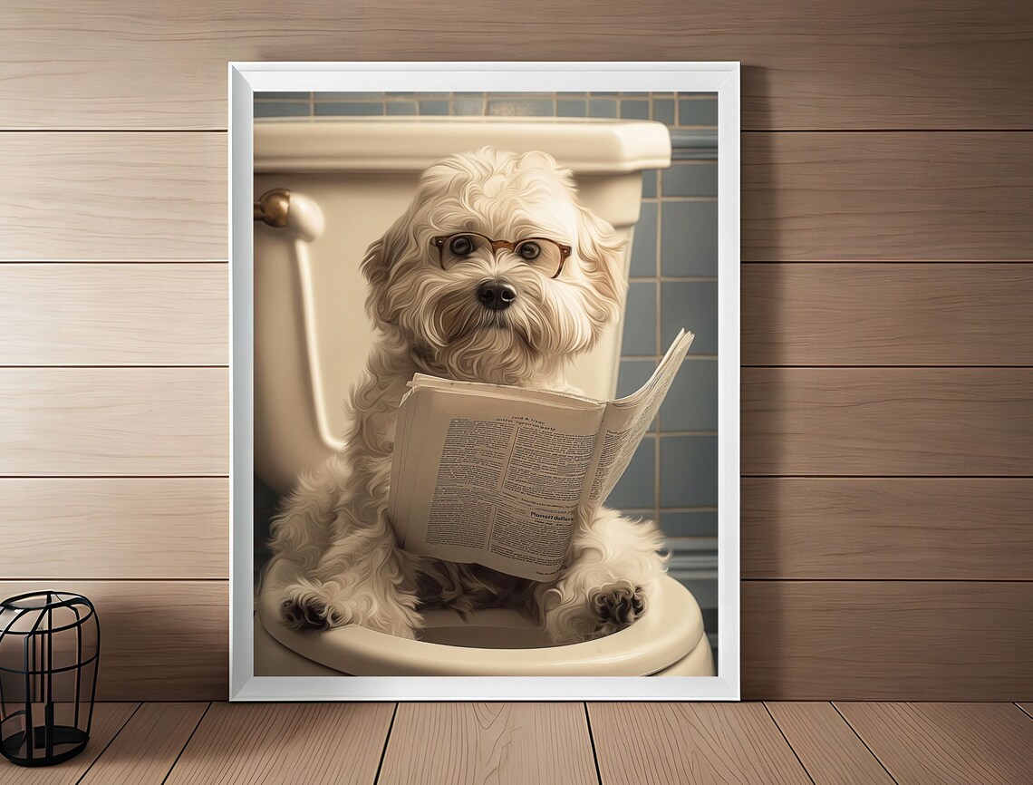 Funny White Dog Reading Newspaper on Toilet Vintage Bathroom Poster - Image 7