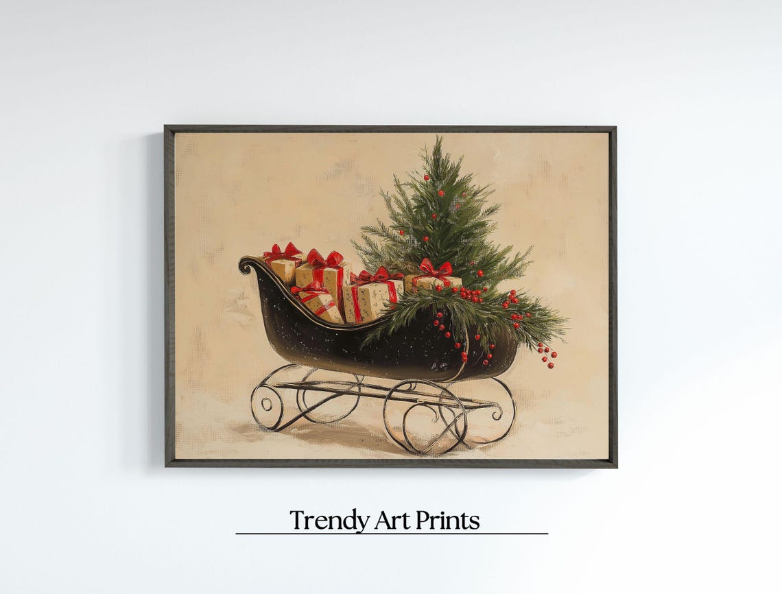 Vintage Christmas Sleigh with Gifts and Tree Rustic Holiday Poster