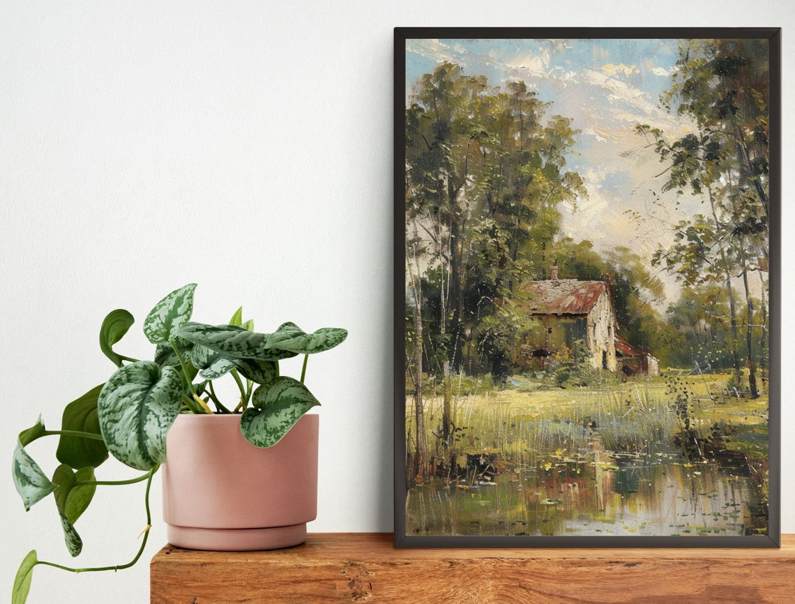 Rustic Stone Cottage by a Calm Still Pond Countryside Art Poster - Image 3