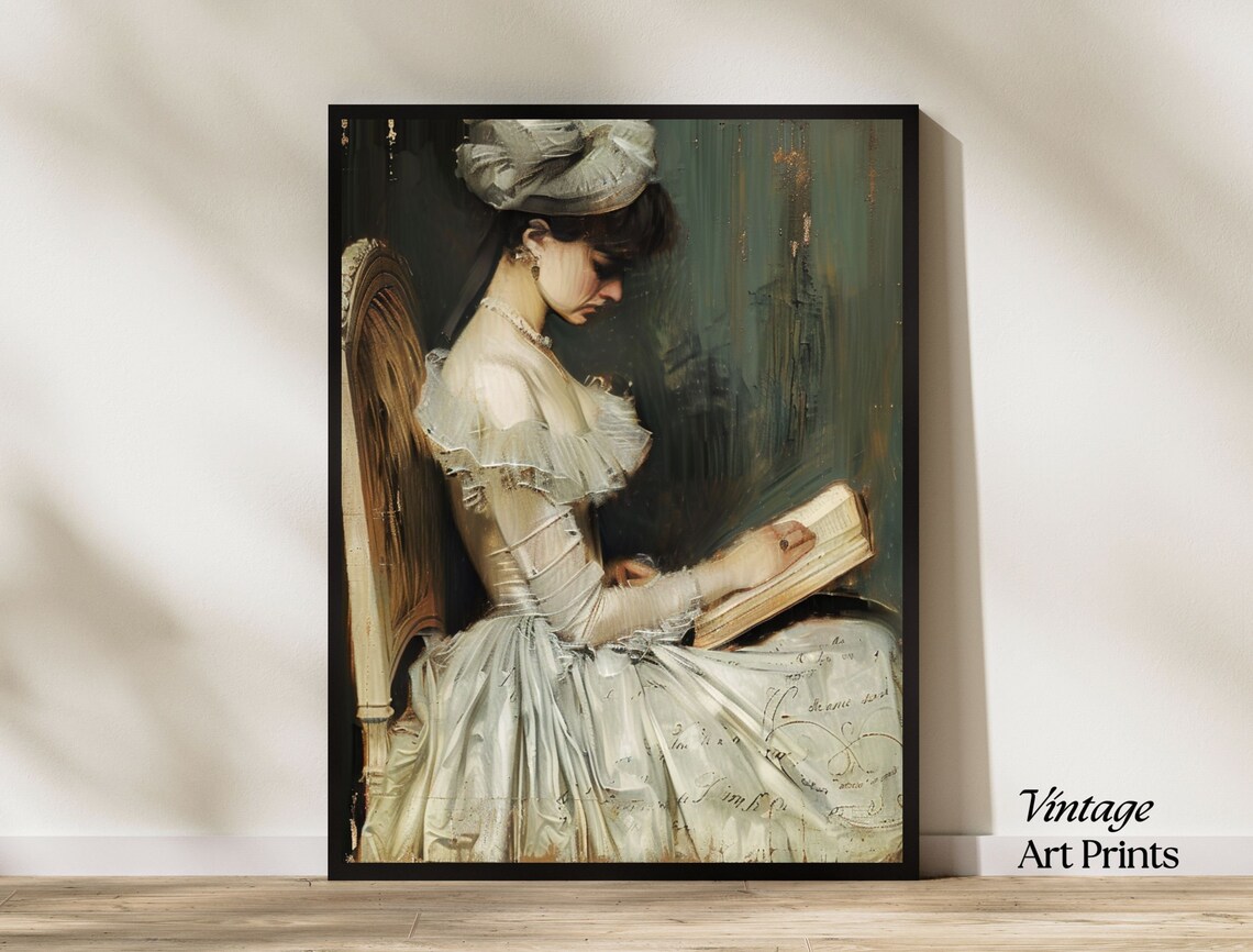 Antique Portrait of Woman Reading Vintage Elegant Lady Oil Poster