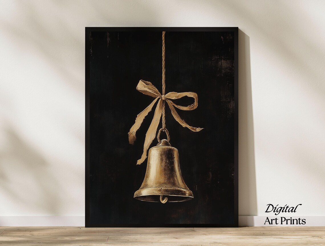 Moody Vintage Christmas Bell With Twine Bow Dark Holiday Poster
