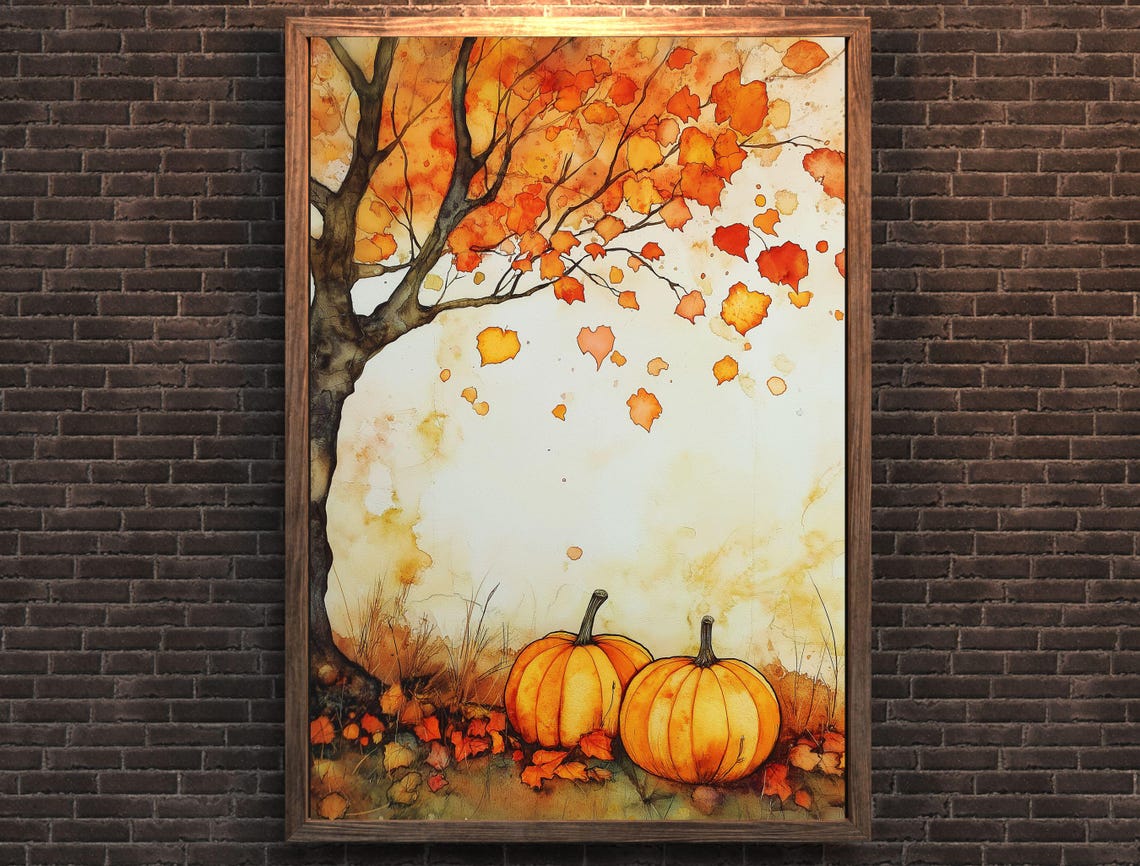 Autumn Tree Showering Orange Leaves Over Two Pumpkins Poster - Image 6