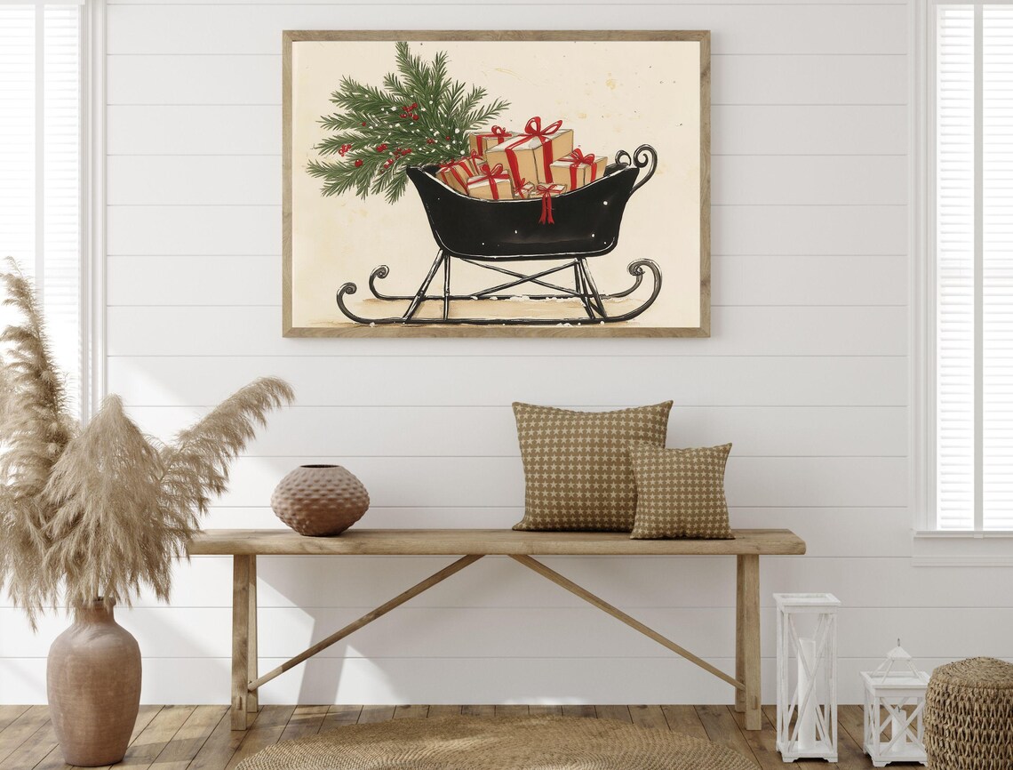 Vintage Black Sleigh Loaded With Gifts and Pine Christmas Poster - Image 5
