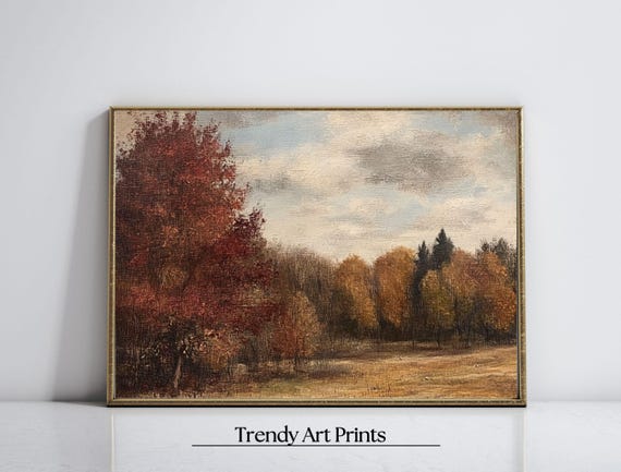 Rustic Fall Lake Landscape Print Art Print Moody Autumn Oil Painting Wall Art