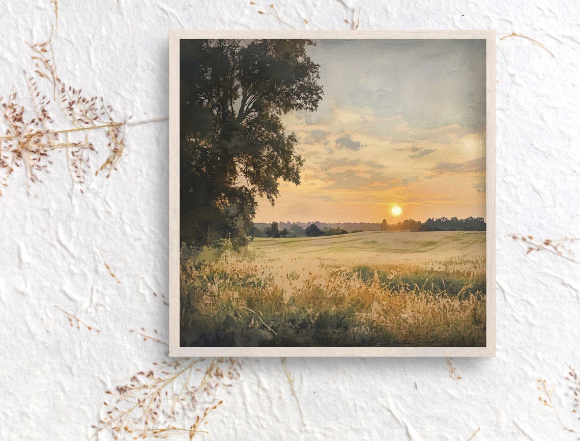 Sunset Over Wheat Field Tree Square Vintage Landscape Art Print - Image 6