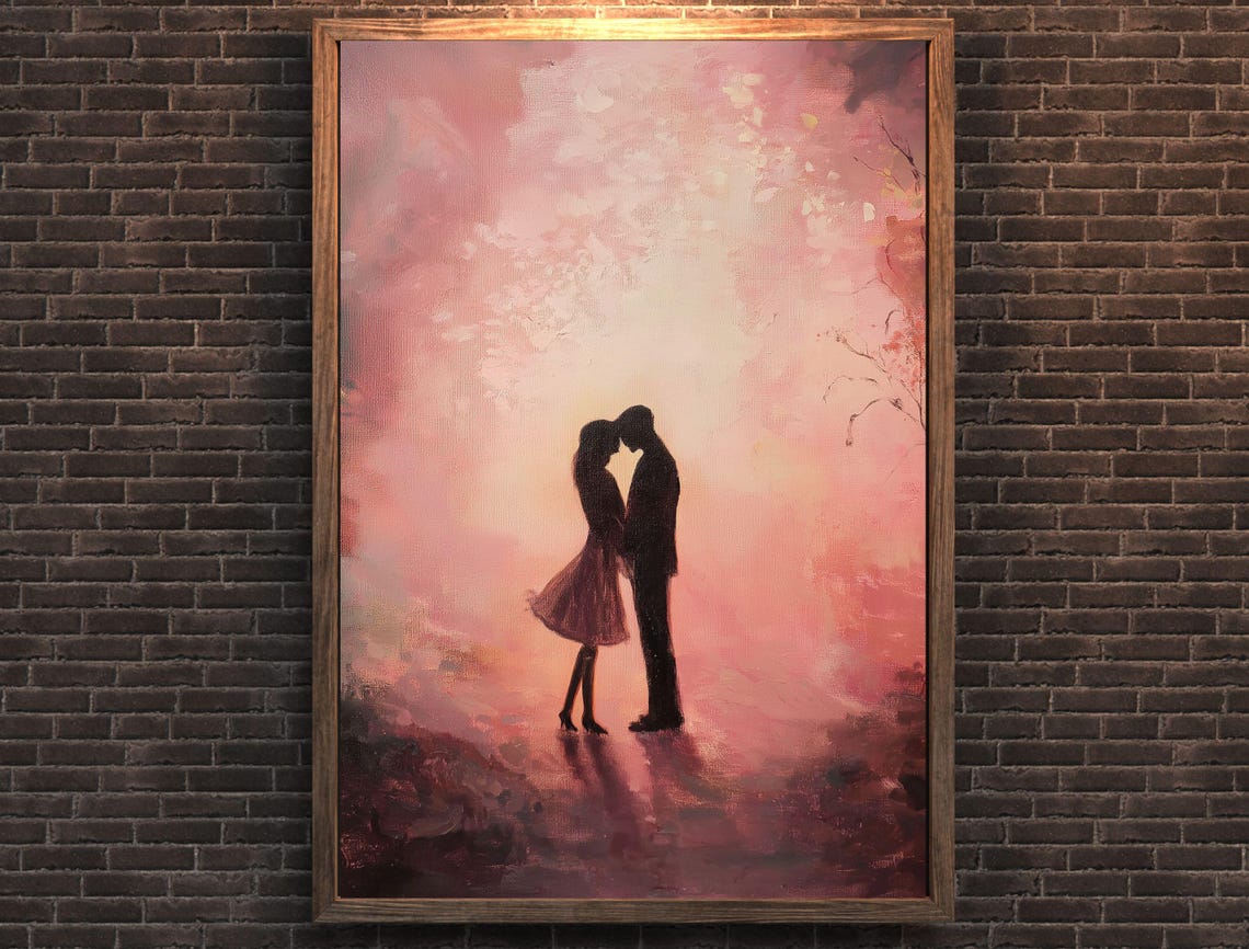 Romantic Couple Silhouette Blush Pink Forest Kiss Art Painting Print - Image 7