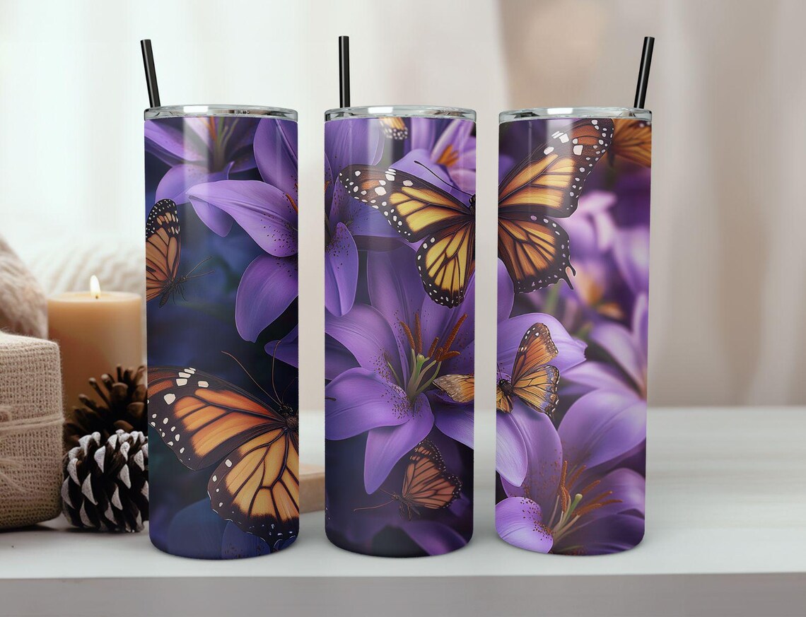 Monarch Butterfly Purple Lily Floral Tumbler Wrap Design Print - Image 7