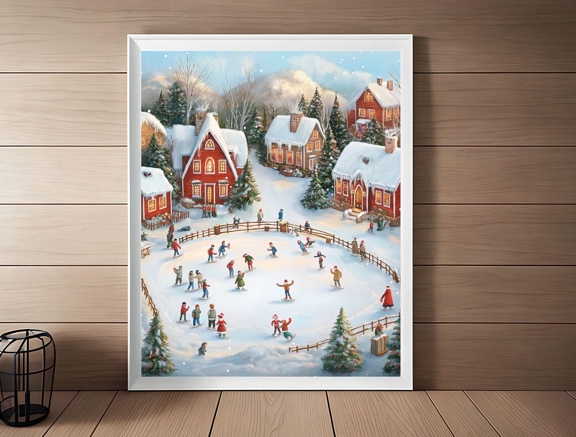 Snowy Christmas Village Ice Skating Scene Vintage Winter Town Poster - Image 3