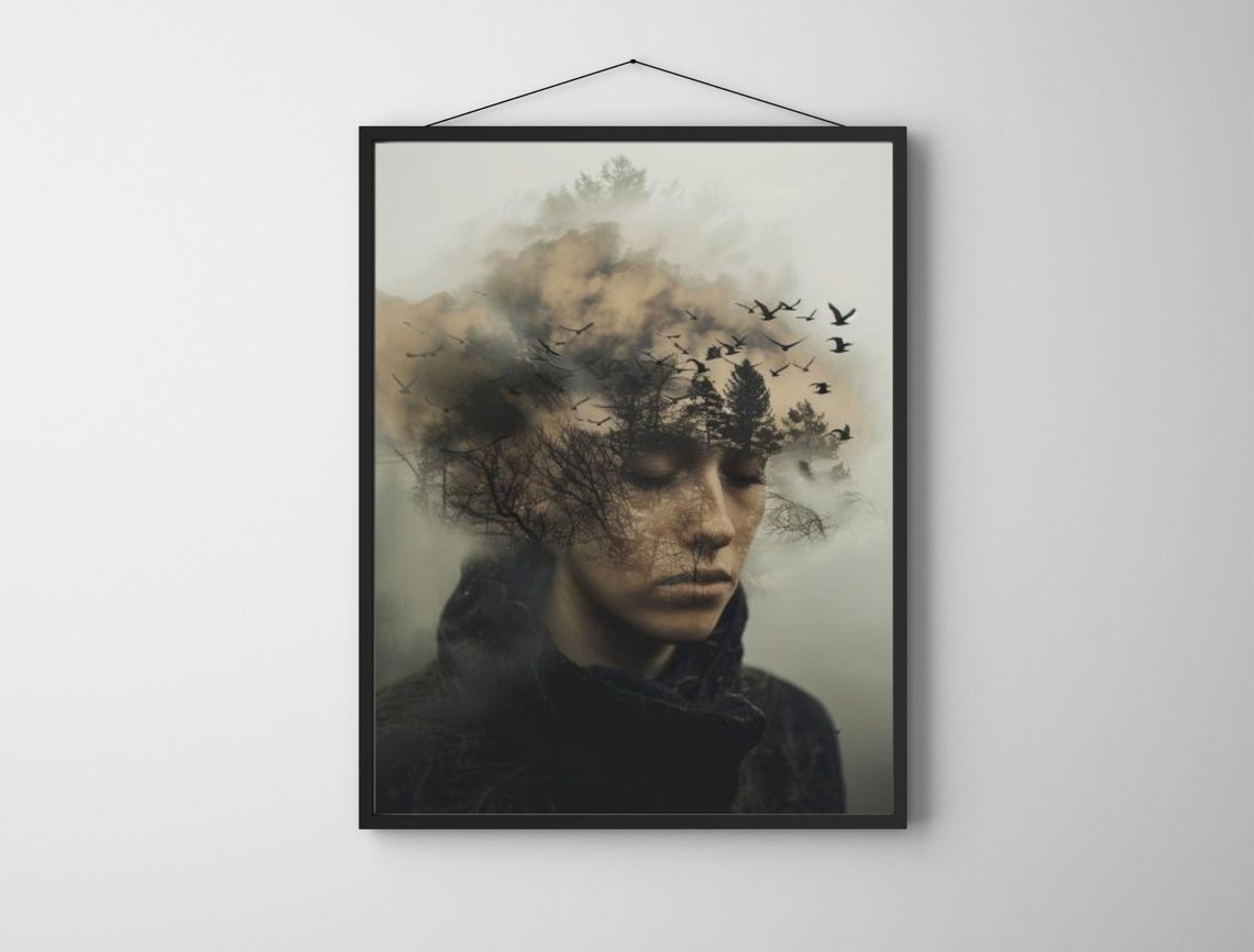 Double Exposure Woman Forest Birds Misty Surreal Artistic Wall Art - Image 6